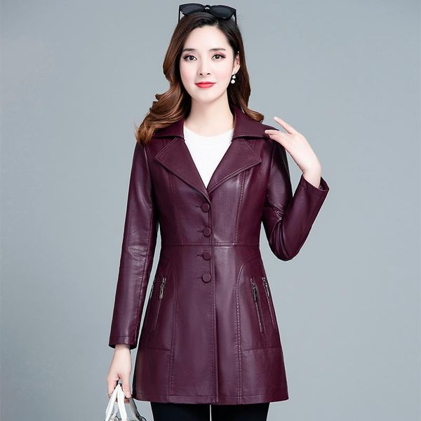 

women's leather & faux kmetram jacket spring autumn women vintage long trench coat female plus size chaqueta mujer lfds#sk02, Black