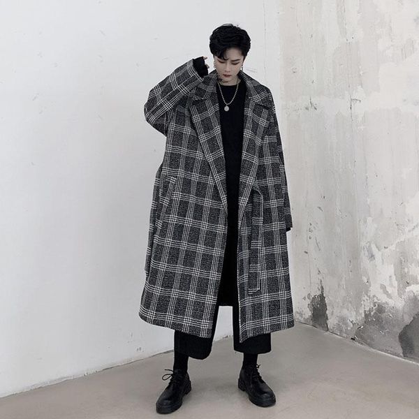 

men's wool & blends male women streetwear hip hop loose casual windbreaker overcoat cardigan coat men vintage long plaid woolen jacket, Black