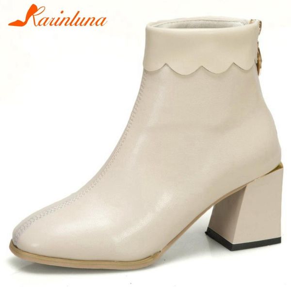 

boots karin fashion female 2021 concise daily solid square toe thick high heels zip women ankle shoes, Black