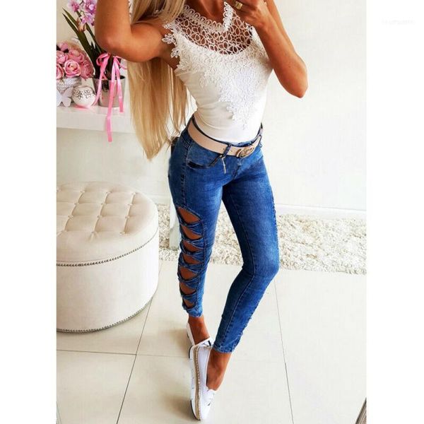 

women's jeans womens spring autumn ladies girls high waisted ripped hollow out slim skinny size 6-221, Blue
