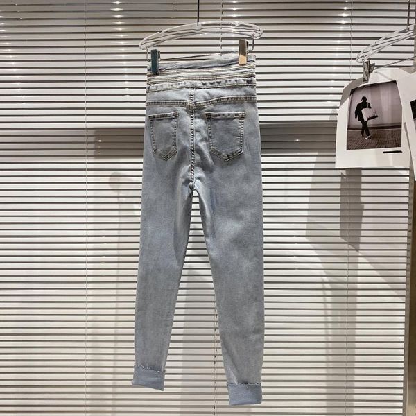 

women's jeans trousers casual slim elastic pencil pants women design crystal diamonds high waist white fashion light blue denim