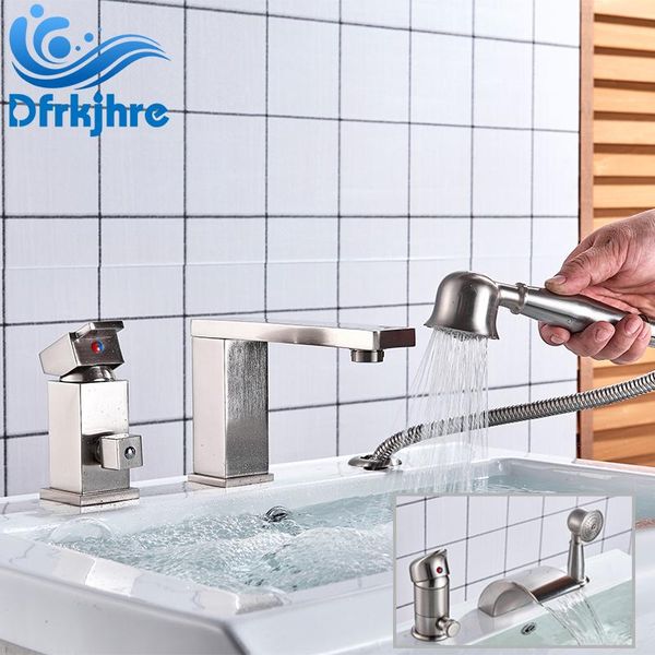 

bathroom sink faucets brushed nickel basin faucet deck mount deluxe 3pcs swan double handles water