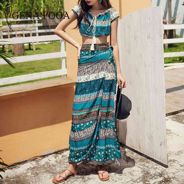 

genayooa bohemian and skirt floral boho two piece set dress beach holiday ladies suits lace up crop summer 210417, White