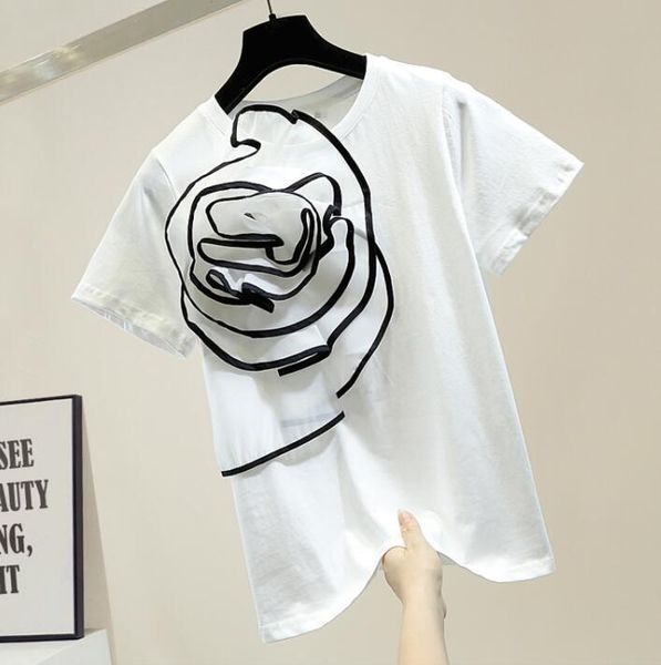 

women's t-shirt summer three-dimensional large flowers decoration short sleeve female fashion floral t shirt ladies, White