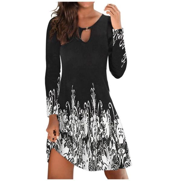 

casual dresses women boho print hollow out party dress 2021 summer vintage o neck slim mini elegant long sleeve vestidos #t2g, Black;gray