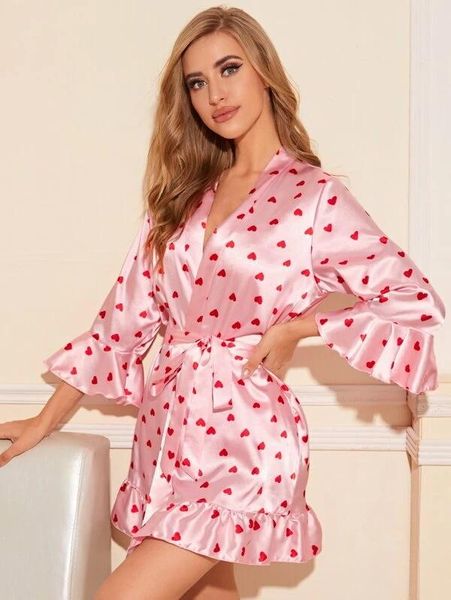 

women's sleepwear women lace vest sleeping shorts stain bath robe, ruffle heart printed shower bedroom coat (3pcs), Black;red