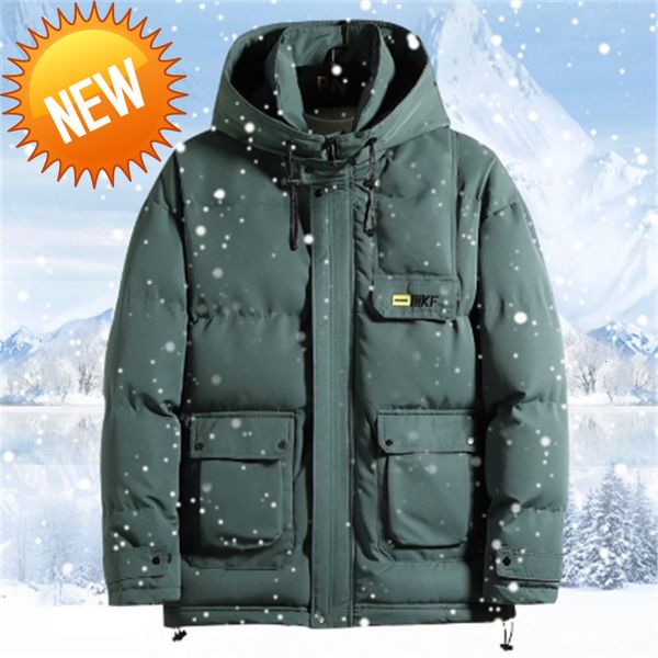 

2021 new winter men parka big pockets casual jacket hooded solid color mens thicken warm down outwear coat windproof, Black