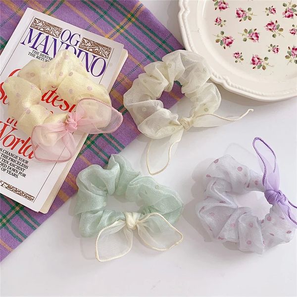 

sweet embroidery dot mesh scrunchies women romantic hair rope transparent tulle organza hair ties hair accessories, Pink