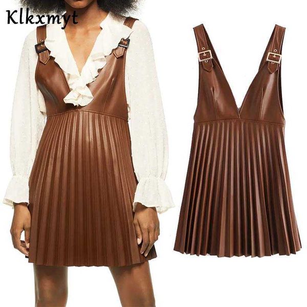 

klkxmyt za dress women fashion imitation leather pleated mini vintage sleeveless adjustable straps female es 210527, Black;gray
