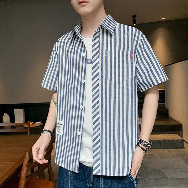 

men's casual shirts summer shirt 2021 korean fashion brand student short sleeve lapel stripe coat slim wear, White;black