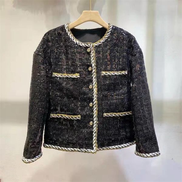 

women's jackets little fragrance, high-end custom sequined woven tweed long-sleeved jacket for autumn and winter of 21 years, Black;brown