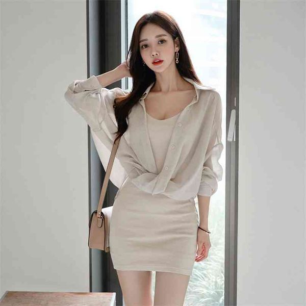 

shirt dress 2 piece set korea laides white sleeveless v neck sundress hollow out mini party dresses for women clothing 210602