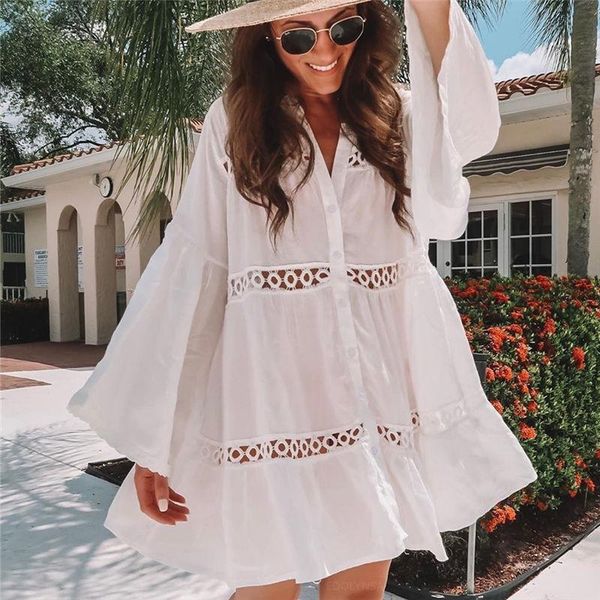 

yoga outfit women swimsuit cover ups mandarin sleeve kaftan beach tunic dress robe de plage solid white pareo