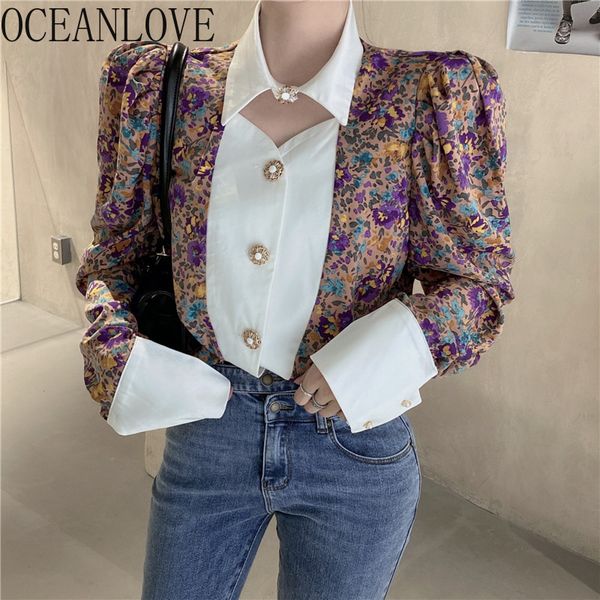 

chiffon blouse women puff sleeve retro floral print blusas spring hollow out ins ropa mujer buttons 19630 210415, White