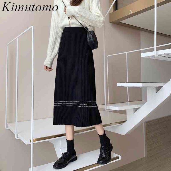 

kimutomo casual women skirts autumn winter fashion solid high waist knitted pleated skirt female outwear a-line korea chic 210521, Black