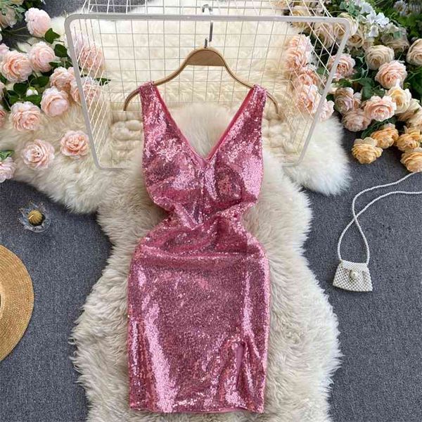 

women fashion nightclub disco sequin patchwork dress v neck sleeveless split slim elegant party vestidos r536 210527, Black;gray