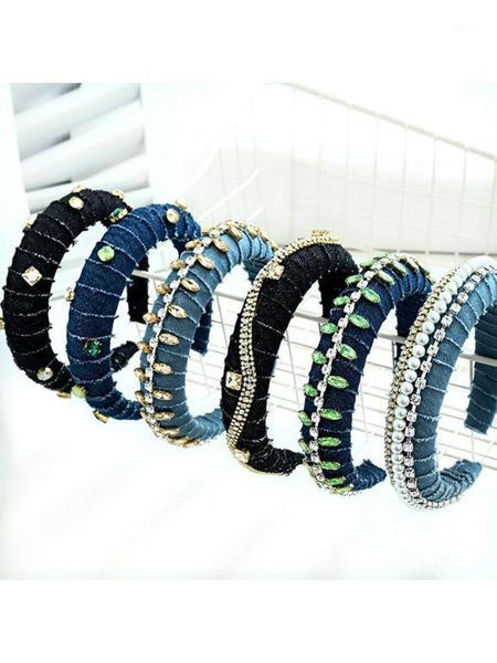 

vintage sponge padded denim cloth headband rhinestone chain winding hair hoop 875b1