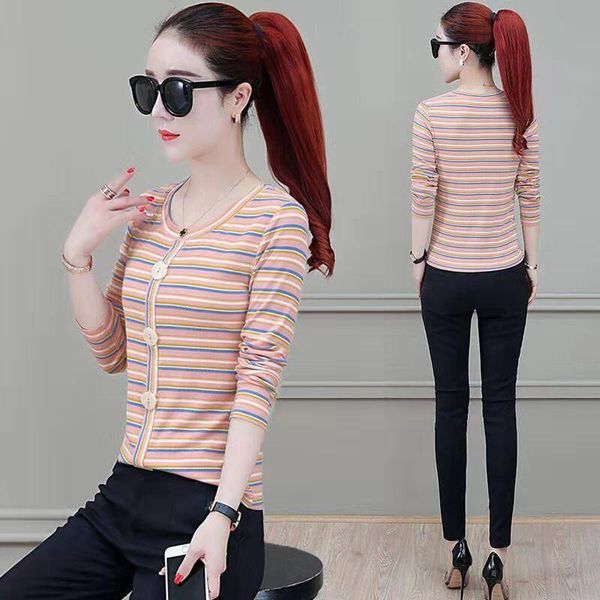 

women's t-shirt 2021 spring autumn women cotton short long sleeve lady button t shirt striped female blusa fashion o-neck a73, White