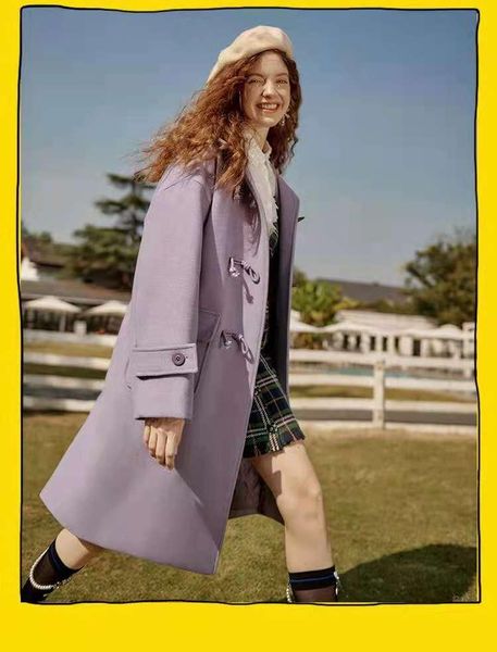 

women's swimwear woolen coat winter british purple horn buckle, White;black