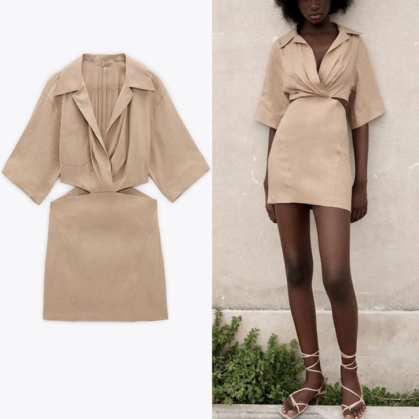 

2021 Za Sexy Cut Out Mini Dress Women Short Sleeve Side Opening Vintage Summer Dresses Woman Chic Patch Pocket Back Zip Dress, Khaki