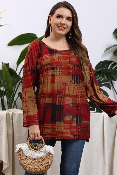 

plus size t-shirt 2021 spring autumn long sleeve blouse woman o neck plaid print casual loose oversized ladies, Black