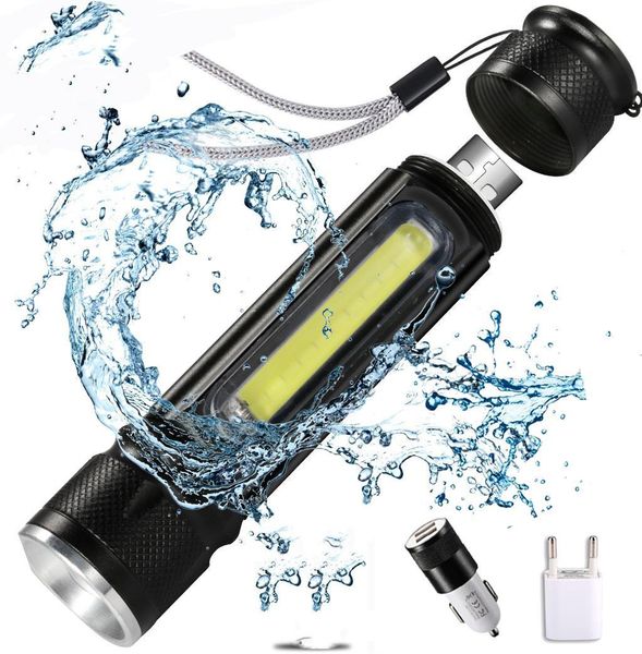

usb charging waterproof flashlight 2000lm multi-function led flashlight t6 torch side cob light outdoor emergency light
