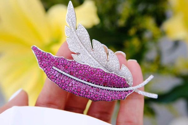 

pins, brooches 1pc 64x32mm women's silver plated cz micro leaf brooch, Gray