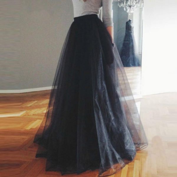 

skirts white tulle mesh skirt maxi long women elastic high waist sweet party wedding lolita elegant girl prom saias jupe clothes faldas, Black