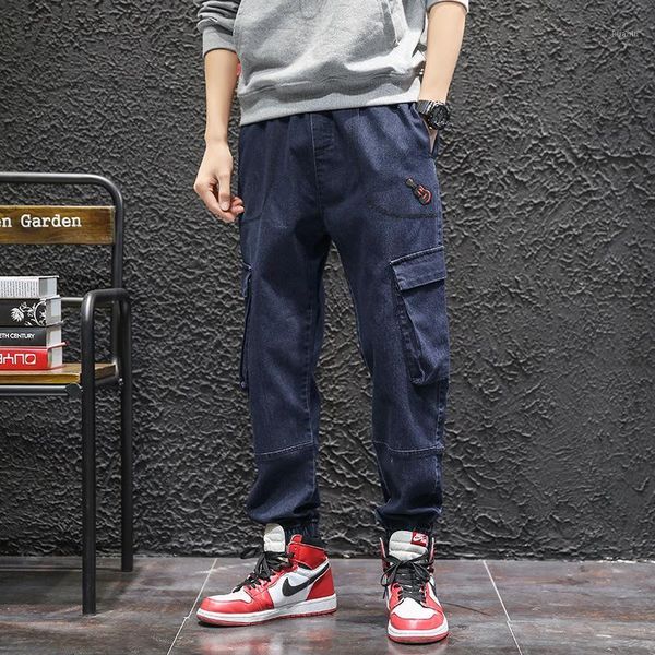 

men's jeans autumn winter denim trousers solid color cargo pants male loose multi-pocket oversize jean ankle length harem pant men, Blue