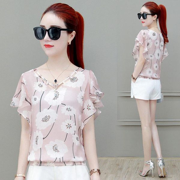 

women's blouses & shirts women spring summer style chiffon lady short batwing sleeve casual flower printed o-neck, White