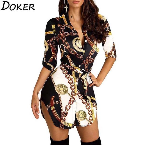 

summer chain print shirt dress womens turn-down collar 3/4 sleeve dresses for women plus size bandage mini dress femme 210423, Black;gray