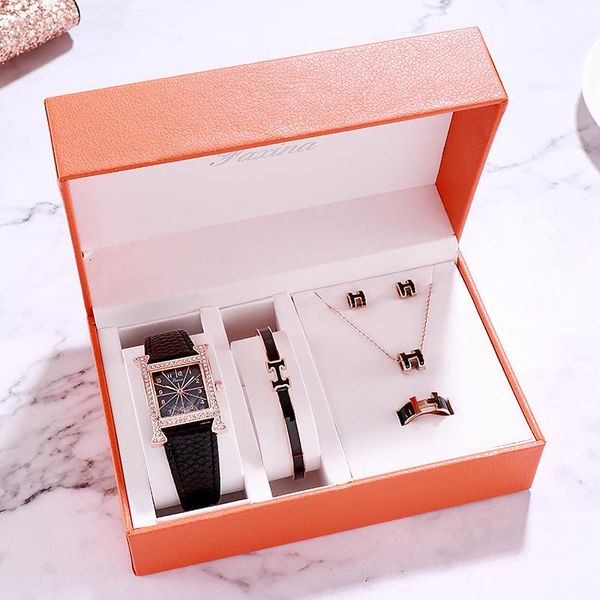 

wristwatches stylish fashion h square watch ladies 2021 crystal quartz wrist watches for women party bangle necklace ring earring set, Slivery;brown