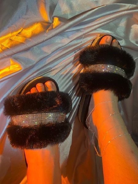 

slippers luxury designer women fur rhinestone platform wedges heel solid fluffy furry slides outside shoes ladies whosale, Black