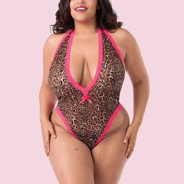 Omsj Big Size Mulheres Sexy Bodycon Bodysuit Sleepwear Deep V Neck Leopardo Impresso Bow Lace Retalhos Sem Mangas Macacões para Lady 210517