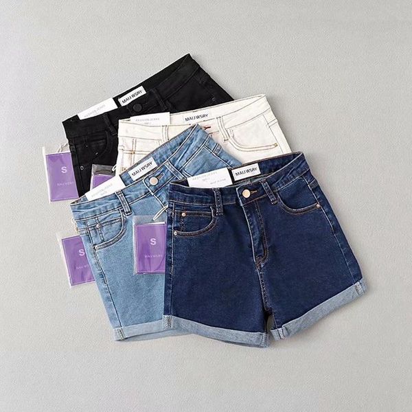 

women's jeans shorts 2021 summer high waisted buttocks slimming line contrast curling white denim pants women, Blue