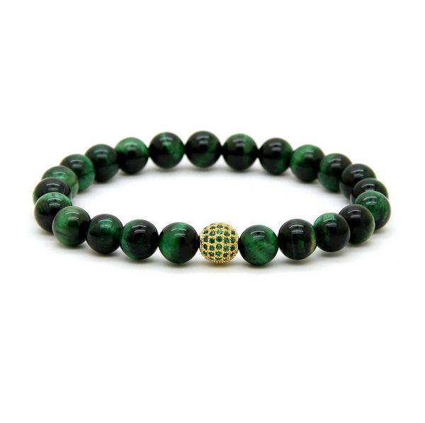 

8mm a grade green tiger eye stone beads with 9mm micro paved green cz ball beaded party gift bracelet, Golden;silver