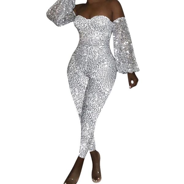 

women's jumpsuits & rompers 2021 long skinny bodysuits party playsuits clubwear sleeve winter women jumpsuit sequined sexy, Black;white