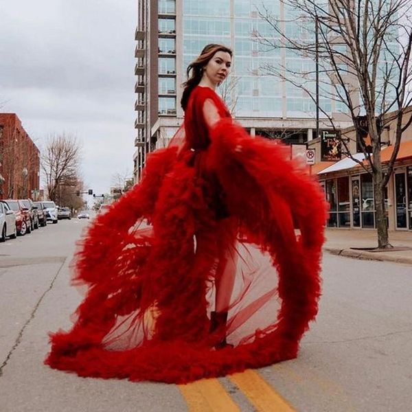 

yong girls red tulle robes maternity dresses pography see thru ruffles women robe mesh female party gowns summer casual, Black;gray