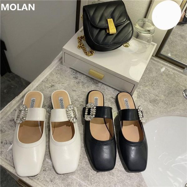 

brand desiger 2021 spring fashion luxury rhinestone buckle square toe black white leather flat slipper socofy shoes casual slippers