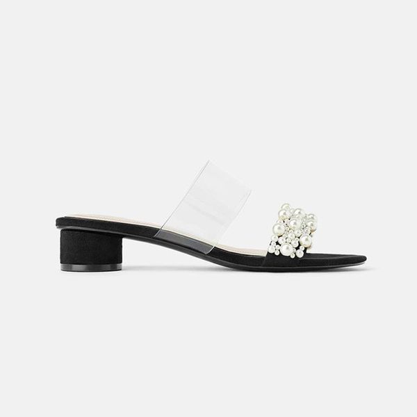 

summer sandals pearl high-heeled slippers, Black