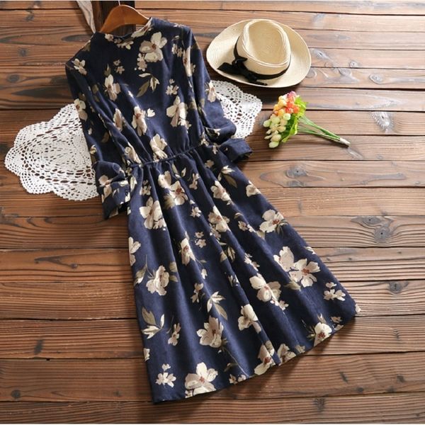 

casual dresses arrival spring autumn women dress loose waist round neck printed corduroy vestidos long sleeve vintage t7it, Black;gray