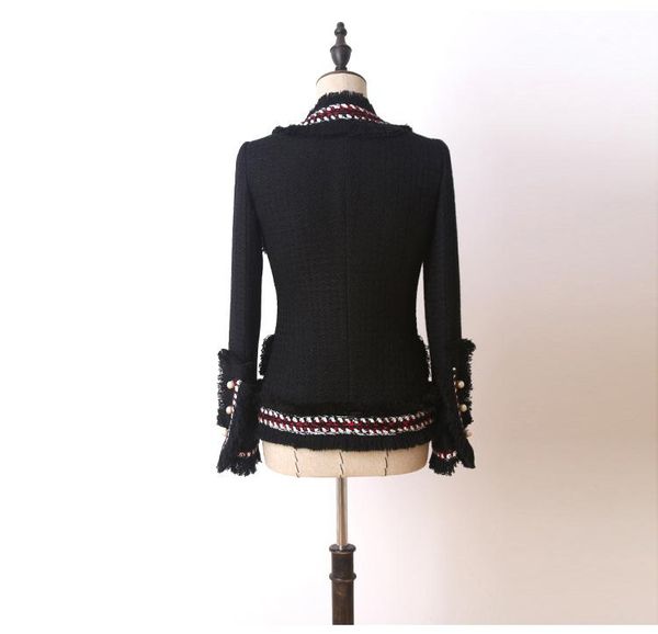 

women's jackets luxury 2021 fashion runway white tweed jacket fringed trim long flared sleeves front pockets with pearls detail, Black;brown