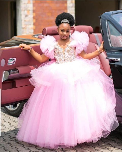

girl's dresses gorgeous pink flowers girl beads lace little wedding party vintage pageant birthday gown, Red;yellow
