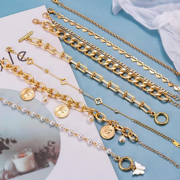 

charm bracelets korean fashion geometric bracelet set for women female bohemian crystal cross pendant chain girls jewelry party gifts, Golden;silver