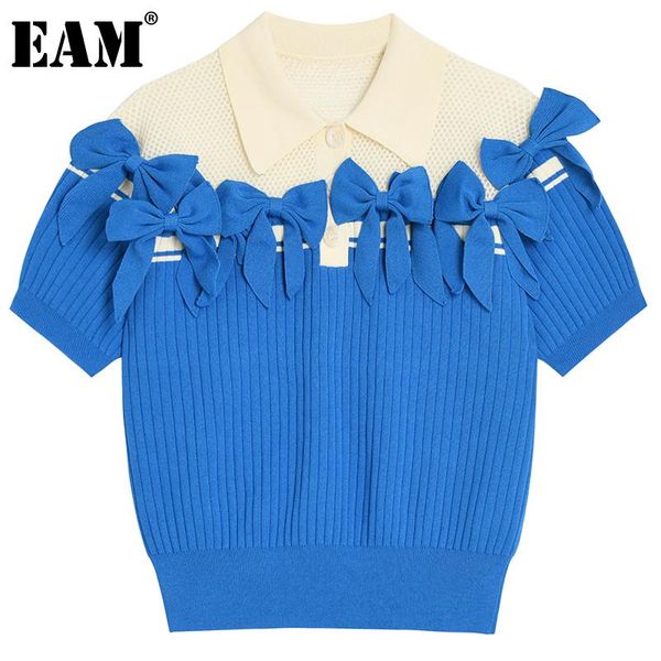 

women's sweaters [eam] bow contrast color knitting sweater loose fit lapel short sleeve women pullovers fashion spring autumn 2021 1de0, White;black