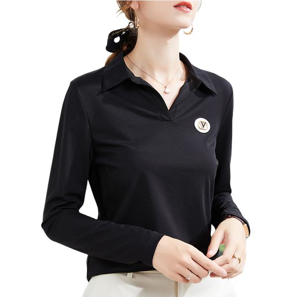 

women's t-shirt basic female polo shirt, long sleeve, loose collar facing down, korean autumn, casual, elegant, feminine solid color ib, White