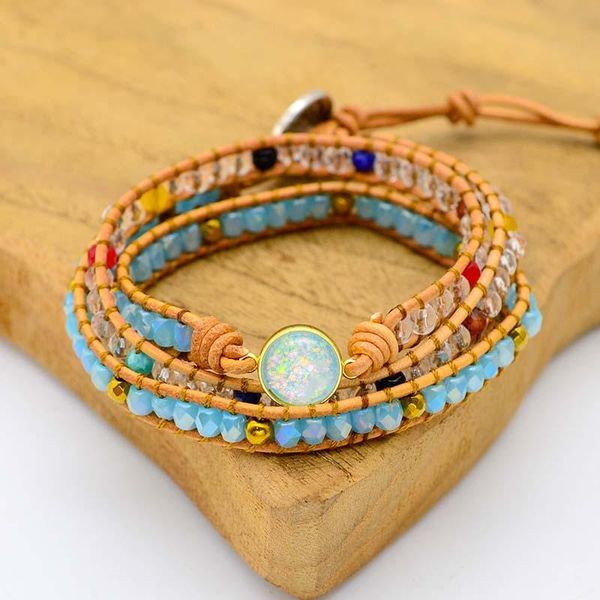 

charm bracelets 4unik sell women natural opal stone rhinestone 3 rows leather wrap bracelet fancy femme boho 4un-b334, Golden;silver