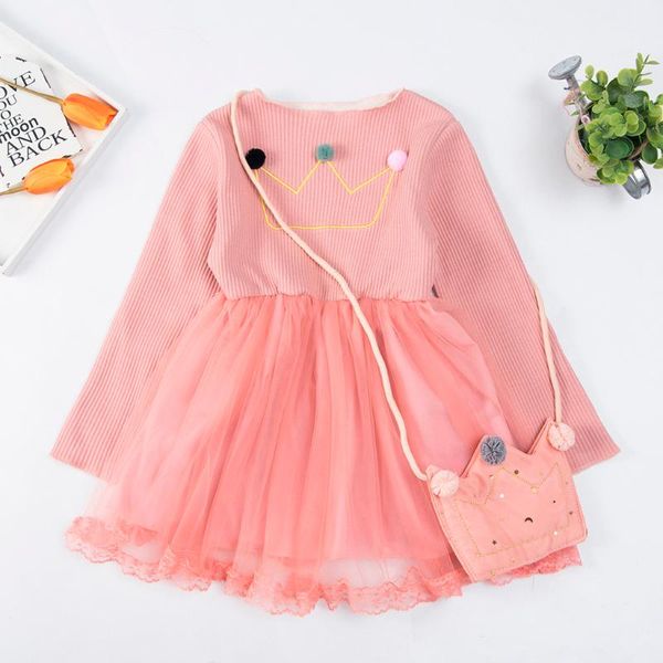 

toddler baby kids girls crown ball print dress solid patchwork tulle princess bag casual clothes vetement enfant fille girl's dresses, Red;yellow