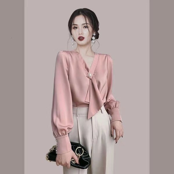 

jacket korea blouses summer long sleeve women shirts fashion v-neck office ladies solid chiffon blouse, Black;brown
