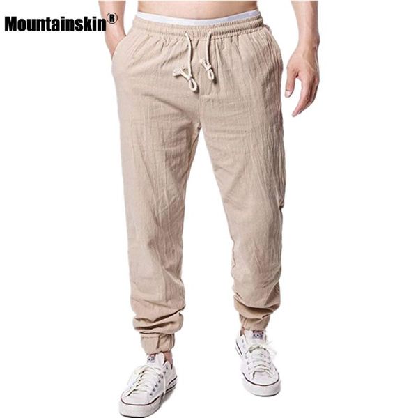 

mountainskin men cotton linen pants solid color elastic waist loose trousers male breathable casual pantalones mt155 men's, Black